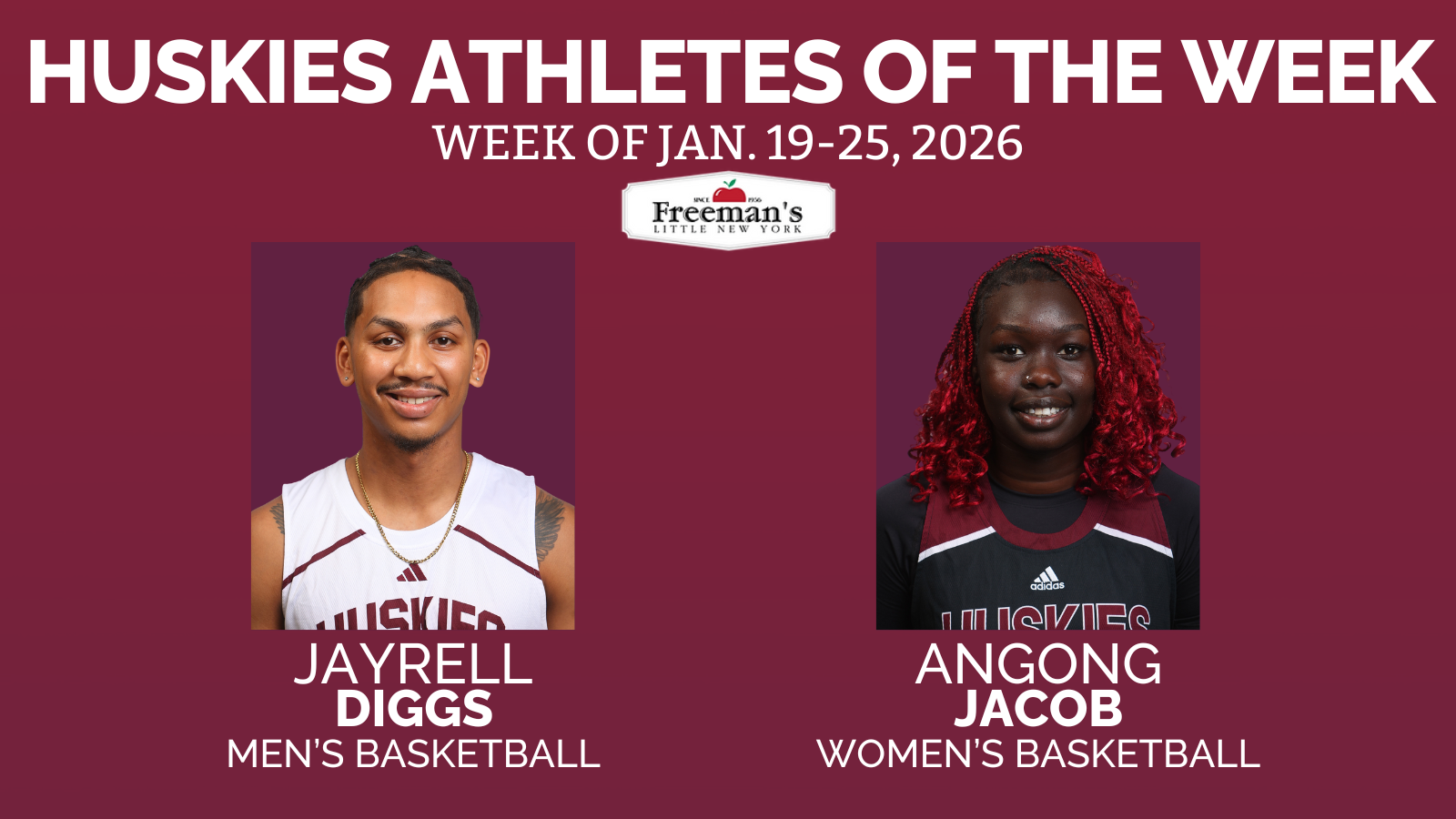 Diggs and Jacob named Huskies Athletes of the Week: Jan. 19-25, 2026