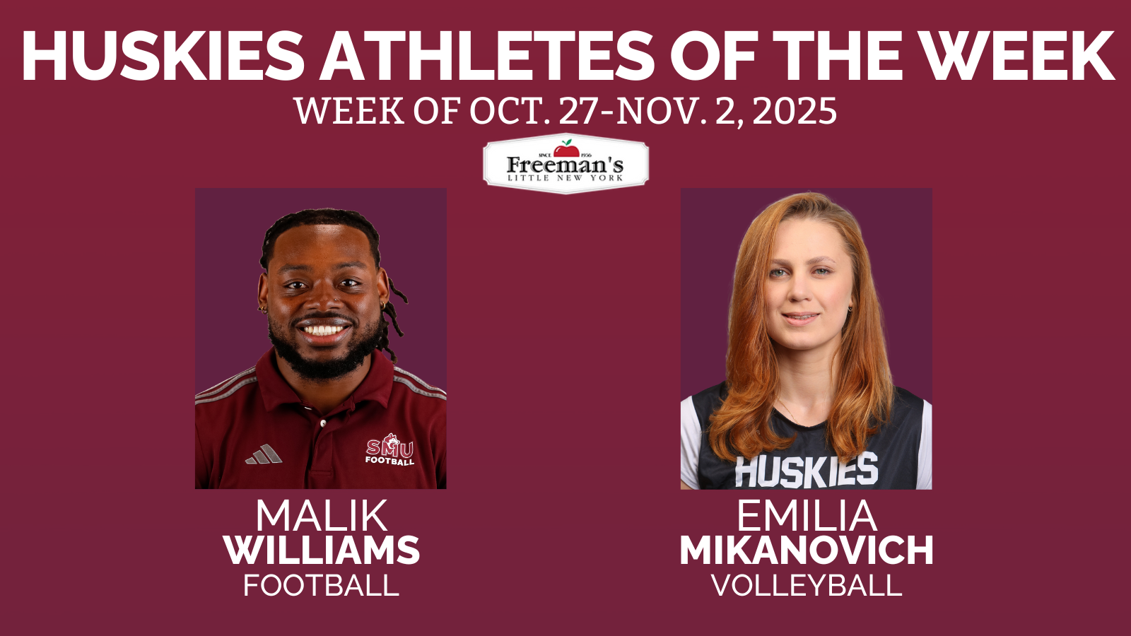 Williams and Mikanovich named Huskies Athletes of the Week: Oct. 28-Nov. 2, 2025