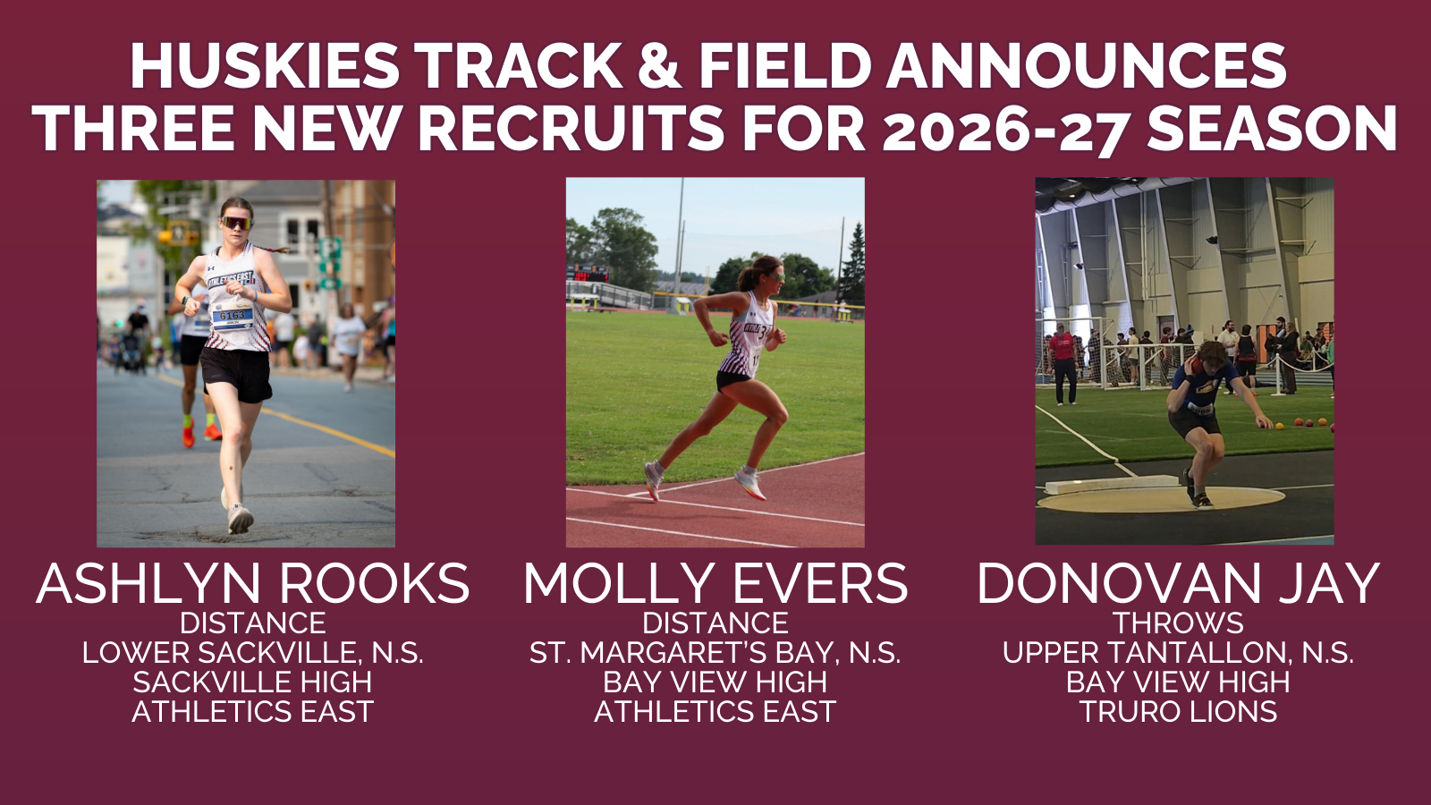 Huskies Track & Field announce commitment of Molly Evers, Donovan Jay and Ashlyn Rooks to 2026-27 lineup