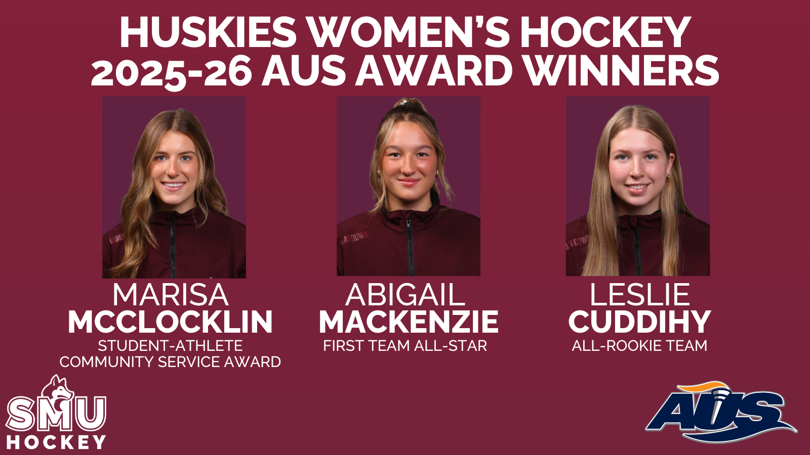 Marisa McClocklin wins AUS Student-Athlete Community Service Award; MacKenzie and Cuddihy honoured with AUS Awards